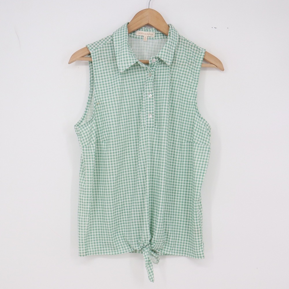 Eden & Olivia Sleeveless Top Womens M Gingham Green Tie-Front Good